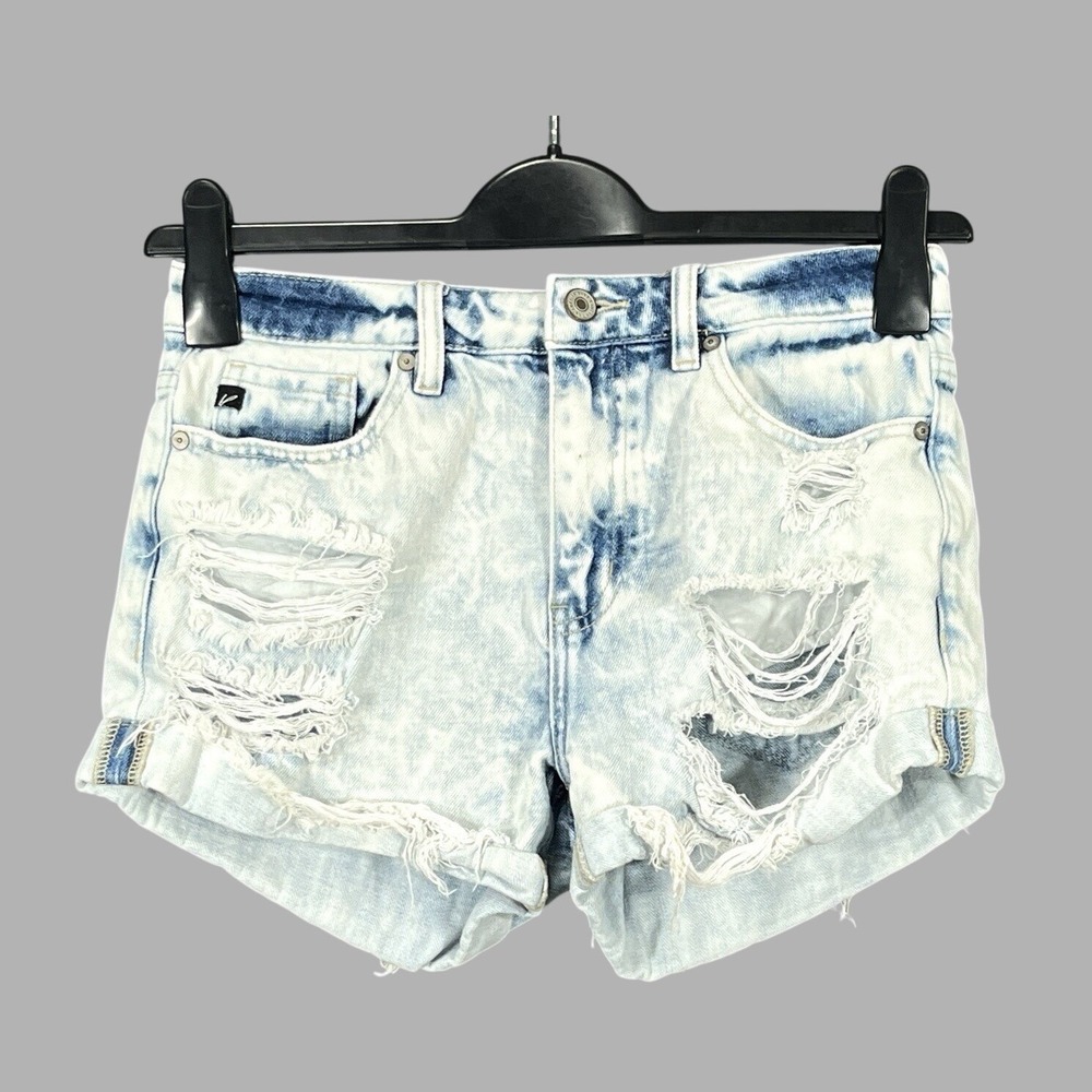 KANCAN Kaya BLUE Destroyed Denim HIGH-RISE Cuffed CUT-OFF Women's SHORTS Sz S